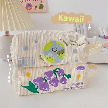 1 шт. симпатичная сумка для карандашей с вышивкой Каваи, тканевый пенал с цветочным рисунком Земли, сумка для хранения ручек большой емкости, студенческие канцелярские принадлежности