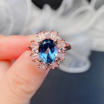 100% Натуральное кольцо с Лондонским голубым топазом 2-каратное Серебряное кольцо с топазом марки VVS, Классическое ювелирное изделие из серебра 925 пробы, подарок для женщины