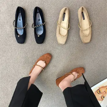 2023 Новая весенняя обувь Mary Jane Модные женские туфли с квадратной бархатной цепочкой на плоской подошве Женские туфли на плоской подошве
