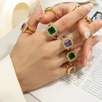 Flashbuy Новые Модные кольца из зеленого фиолетового стекла, Циркона, титановой стали для женщин, Очаровательные Высококачественные Геометрические кольца, Ювелирные изделия в подарок