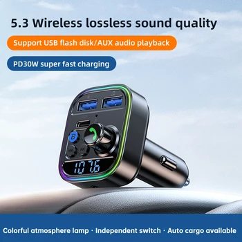 FM-передатчик 3,5 мм аудиоприемник AUX MP3-плеер USB C PD 30 Вт Быстрая зарядка Автомобильное зарядное устройство Громкая связь Bluetooth Автомобильный комплект
