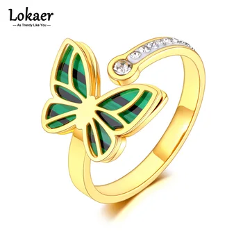 Lokaer, Регулируемые кольца с бабочками и животными из нержавеющей стали Для женщин, мода для девочек, Зеленая раковина, Золотое кольцо на палец, ювелирные изделия R23015