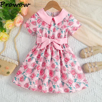 Prowow/ Платья для маленьких девочек от 4 до 7 лет с розовым поясом, платья принцессы трапециевидной формы с принтом роз, летняя детская одежда для девочек, наряды
