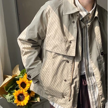 Весенне Осеннее мужское винтажное однотонное рабочее пальто Harajuku Модная универсальная функциональная куртка со свободным отворотом Тренд High Street Top Male