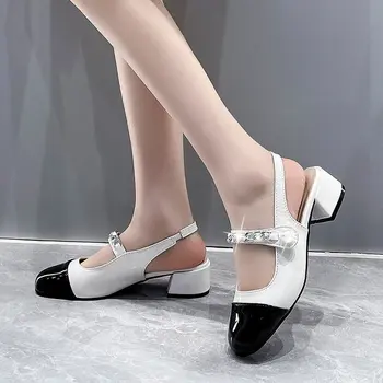Весенняя женская обувь; Новые летние туфли на каблуке с кожаным ремешком 2023 года; Туфли на высоком каблуке с цветными блокировками в корейском стиле для девочек