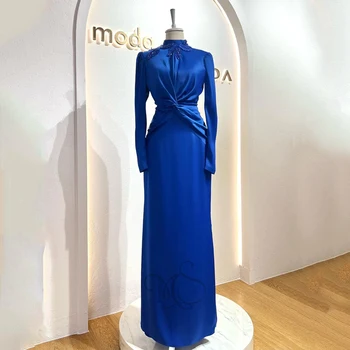 Высококачественные синие вечерние платья из атласа с длинными рукавами и бисером, платья для выпускного вечера длиной до пола, русалка, 2023