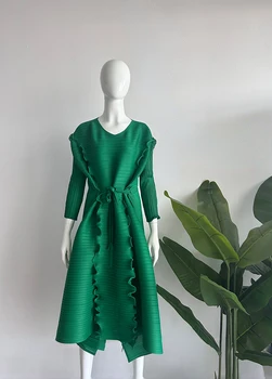 Дизайн платья Miyake с плиссированными оборками, Однотонный V-образный вырез, Длинные рукава, завязанные тонкие Элегантные платья для женщин, Новинка осени 2023 года