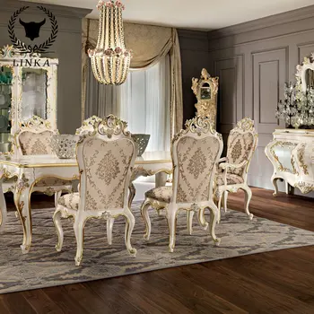 Длинные обеденные столы и стулья из массива дерева в европейском стиле, выполненные на заказ, роскошная резьба по золотой фольге, итальянская роспись, палас