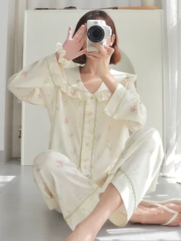 Женская весенне-осенняя пижама Ice Silk из тонкого сладкого кружева с длинным рукавом, новинка 2023 года, высококачественная шелковая домашняя одежда Sense