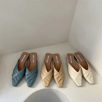 Женские тапочки Baotou из мягкой кожи, маленькие кожаные туфли с квадратным носком, корейская версия 2023 года, тапочки на одну ногу и половину стопы