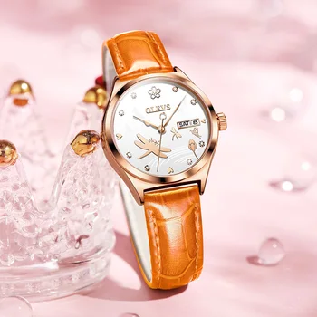 Женские часы OLEVS с роскошным автоматическим механическим кожаным ремешком, Водонепроницаемые женские наручные часы с бриллиантами, Браслет, Платье, Подарочный набор