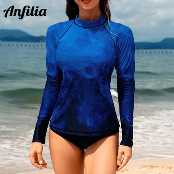 Женский топ Anfilia с защитой от сыпи и длинными рукавами, круглый вырез, плавательная рубашка с градиентным цветным блоком, топ с защитой от ультрафиолета UPF 5