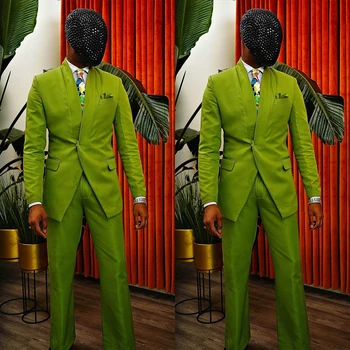 Зеленые мужские костюмы, сшитые на заказ, 2 предмета, блейзер, брюки на одной пуговице, приталенные, без лацканов, деловые, блестящие, сшитые на заказ для жениха, большие размеры