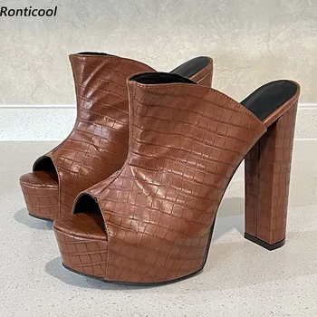 Итальянские стильные женские босоножки-шлепанцы Ronticool из искусственной кожи на массивном каблуке с круглым носком, великолепные коричневые модельные туфли, женские размеры США 5-20