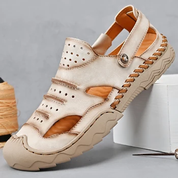 Летние новые мужские сандалии из кожи ручной работы, классические римские сандалии для мужчин, обувь для прогулок на открытом воздухе, кроссовки, повседневная нескользящая пляжная обувь