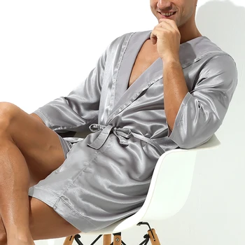 Летний роскошный халат, мужская однотонная Новая шелковая пижама, Летняя мужская ночная рубашка, шелковый халат (без шорт)