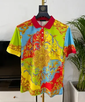 Летняя мужская рубашка поло в европейском стиле 2023, высококачественная футболка-поло с принтом в стиле ретро, F013
