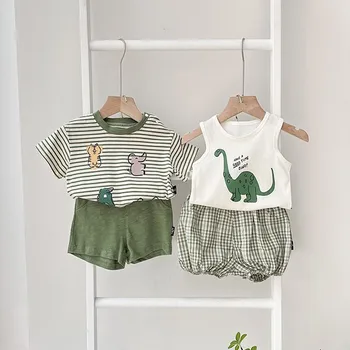 Летняя одежда с милыми динозаврами из мультфильмов для мальчиков, пуловер для маленьких девочек, футболка, топы без рукавов, клетчатый короткий модный тонкий костюм для девочек