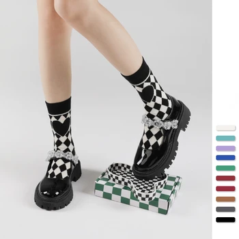 Осень и зима, новые носки в шахматном порядке, хлопковые носки, женские носки до середины бедра, пара мужских носков из толстого абзаца