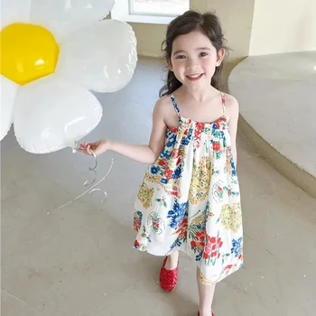 Платье с цветочным узором на бретельках для маленьких девочек 2-10 лет, детский пляжный шифоновый сарафан, детская одежда, наряды, платье без рукавов для маленькой девочки