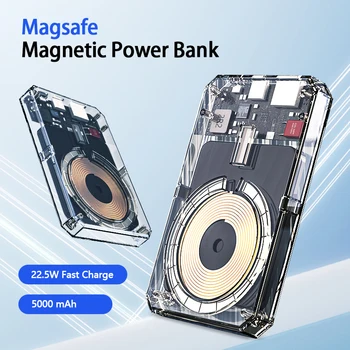 Прозрачный внешний аккумулятор Mag safe Портативный Беспроводной Power Bank 5000 мАч PD22,5 Вт Быстрая зарядка для iPhone11/12/13 Xiaomi Huawei