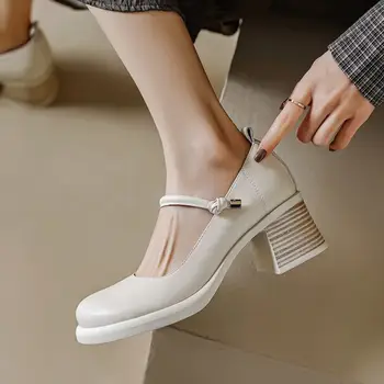 Размер 33-40 Женская обувь из натуральной кожи для девочек на высоком каблуке с круглым носком для отдыха Водонепроницаемая платформа На толстой подошве Обувь на высоком каблуке