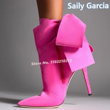 Розовые ботильоны с узлом в виде бабочки, зима-осень, однотонные женские туфли для вечеринок на каждый день, атласные туфли с острым носком на тонком высоком каблуке