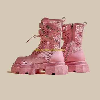 Розовые полые ботильоны на шнуровке С круглым носком на платформе и массивном каблуке Летняя весенняя женская обувь с ремешком с пряжкой 2023 Новейшая обувь