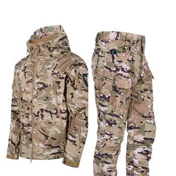 Тактические эластичные куртки Охотничье флисовое Водонепроницаемое теплое пальто для рыбалки, пеших прогулок, кемпинга, брюки, спортивные костюмы с капюшоном, термо-камуфляжная одежда