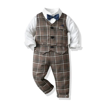 топы и топ 2021 Осенне-зимняя одежда для мальчиков, костюмы джентльмена, рубашка с длинным рукавом и галстуком-бабочкой + жилет + брюки, 3 шт., официальная детская одежда