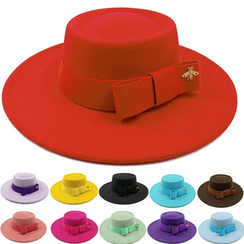 Фетровая шляпа с галстуком-бабочкой, Зимняя Круглая Неровная поверхность, Плоская Верхняя часть, галстук-бабочка, эластичная лента, мужская и женская Красная джазовая шляпа Fedora