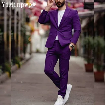 Фиолетовые мужские костюмы, 2 предмета, костюмы для выпускного вечера с лацканами на одной пуговице, комплекты блейзеров обычной посадки, Летний повседневный костюм для путешествий, куртка + брюки
