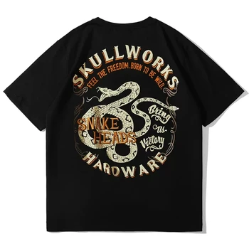 Футболка с вышивкой в виде змеиных букв, мужские повседневные хлопковые футболки в стиле рок-байкер с коротким рукавом, топы в стиле хип-хоп, футболки с рисунком
