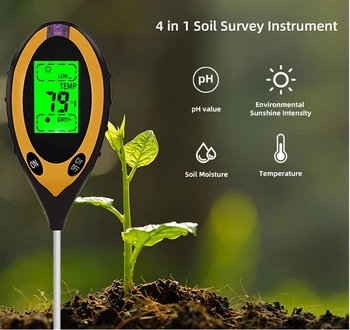 Цифровой измеритель PH почвы 4 В 1, Монитор влажности, температуры, солнечного света, Тестер для садоводства, выращивания растений с Blacklight