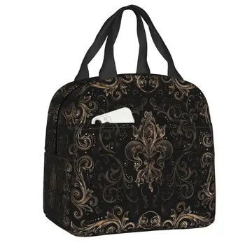 Черная сумка для ланча с утеплением в виде Флер Де Лис для женщин, водонепроницаемый кулер с цветком Лилии, термобокс для Бенто, Пляжный Кемпинг, путешествия