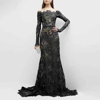 Черное кружевное платье с открытыми плечами и длинным рукавом Платье Русалки с длинным шлейфом Прозрачные вечерние платья для женщин Ever Pretty