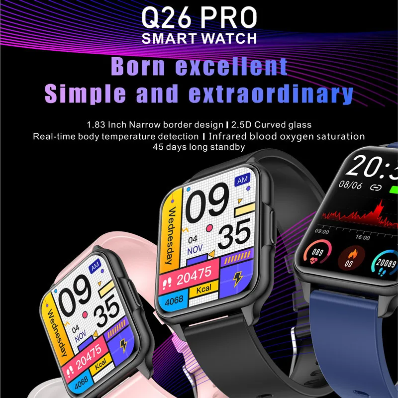 Q26 PRO Смарт-часы 1,83-дюймовый Большой Экран Температура Тела Кислород В Крови Частота Сердечных Сокращений DIY Обои Спорт Фитнес Q26PRO Smartwatch