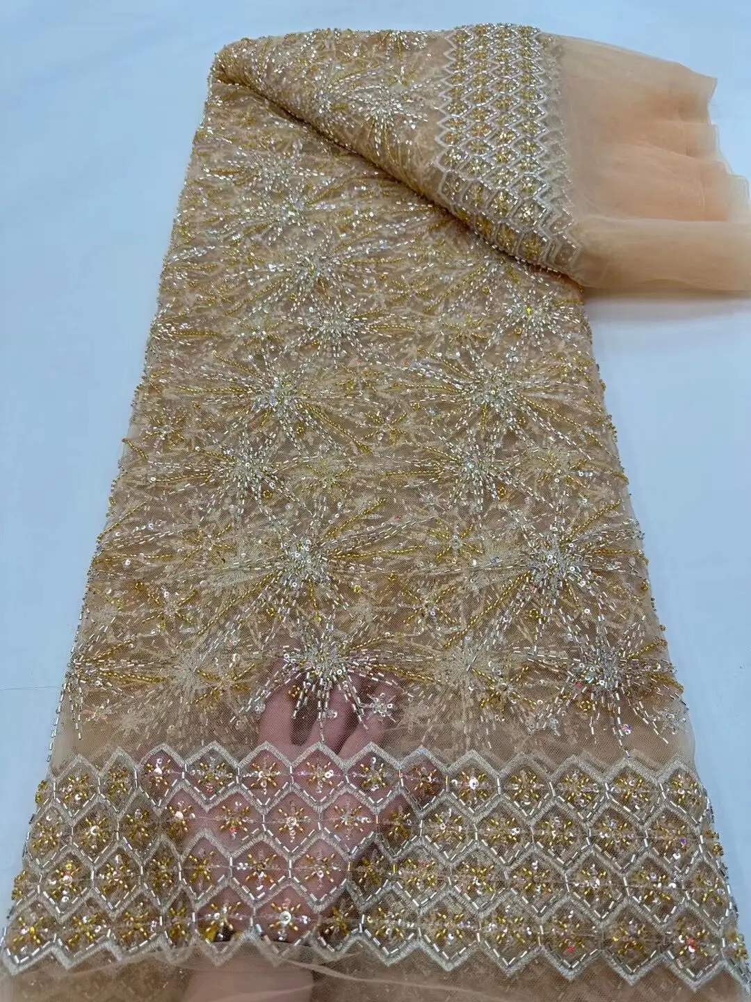 Африканская кружевная ткань с тяжелыми бусинами высокого качества L -1302181, Нигерийские блестки, французский тюль, материал для свадебной вечеринки