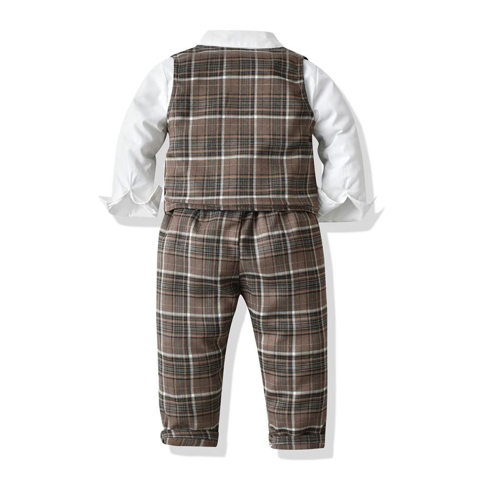 топы и топ 2021 Осенне-зимняя одежда для мальчиков, костюмы джентльмена, рубашка с длинным рукавом и галстуком-бабочкой + жилет + брюки, 3 шт., официальная детская одежда