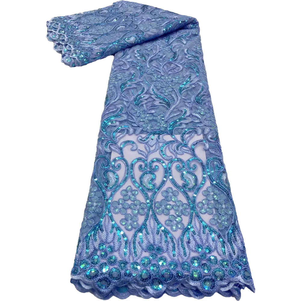 Красивое синее африканское сетчатое кружево с блестками 5 ярдов Африканская кружевная ткань 2022 Нигерийский Французский тюль Кружевная ткань для свадьбы T96
