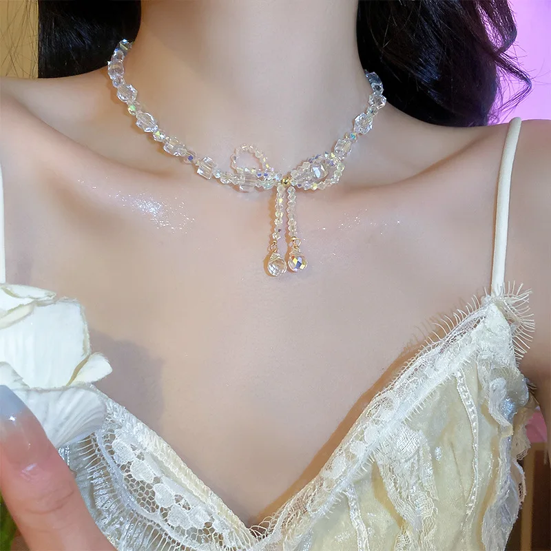 ALLNEWME Fairy Блестящий Кристалл Бант с кисточкой Кулон Ожерелье Цепочка Чокеры Ожерелья для женщин Заявление Повседневные украшения
