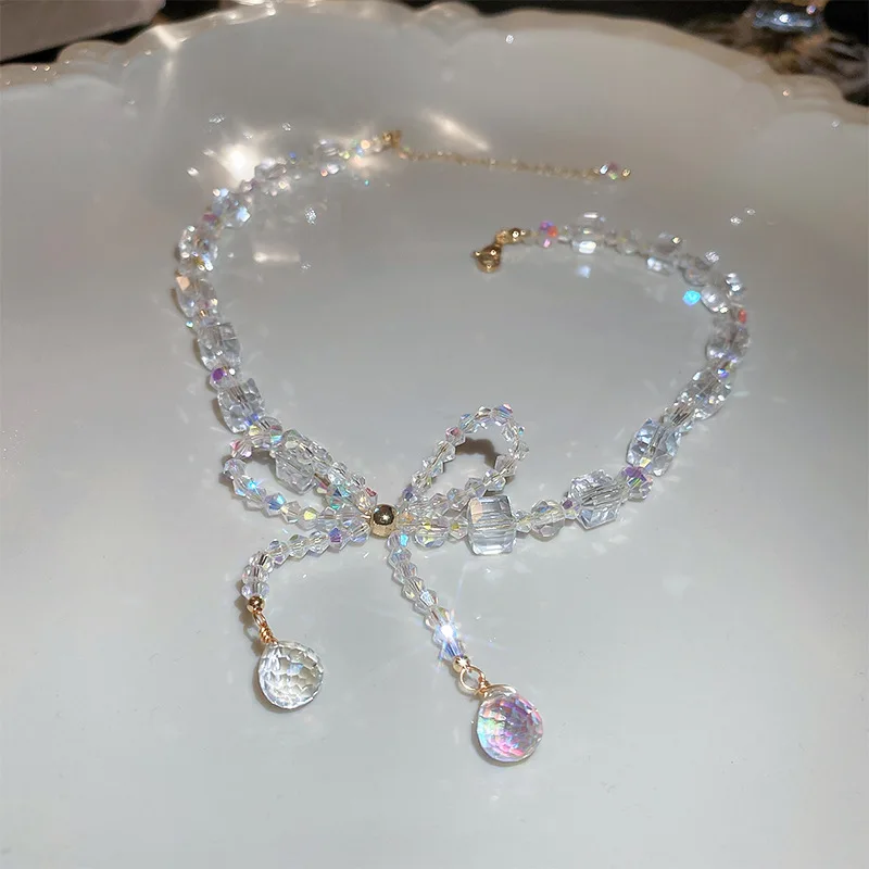 ALLNEWME Fairy Блестящий Кристалл Бант с кисточкой Кулон Ожерелье Цепочка Чокеры Ожерелья для женщин Заявление Повседневные украшения